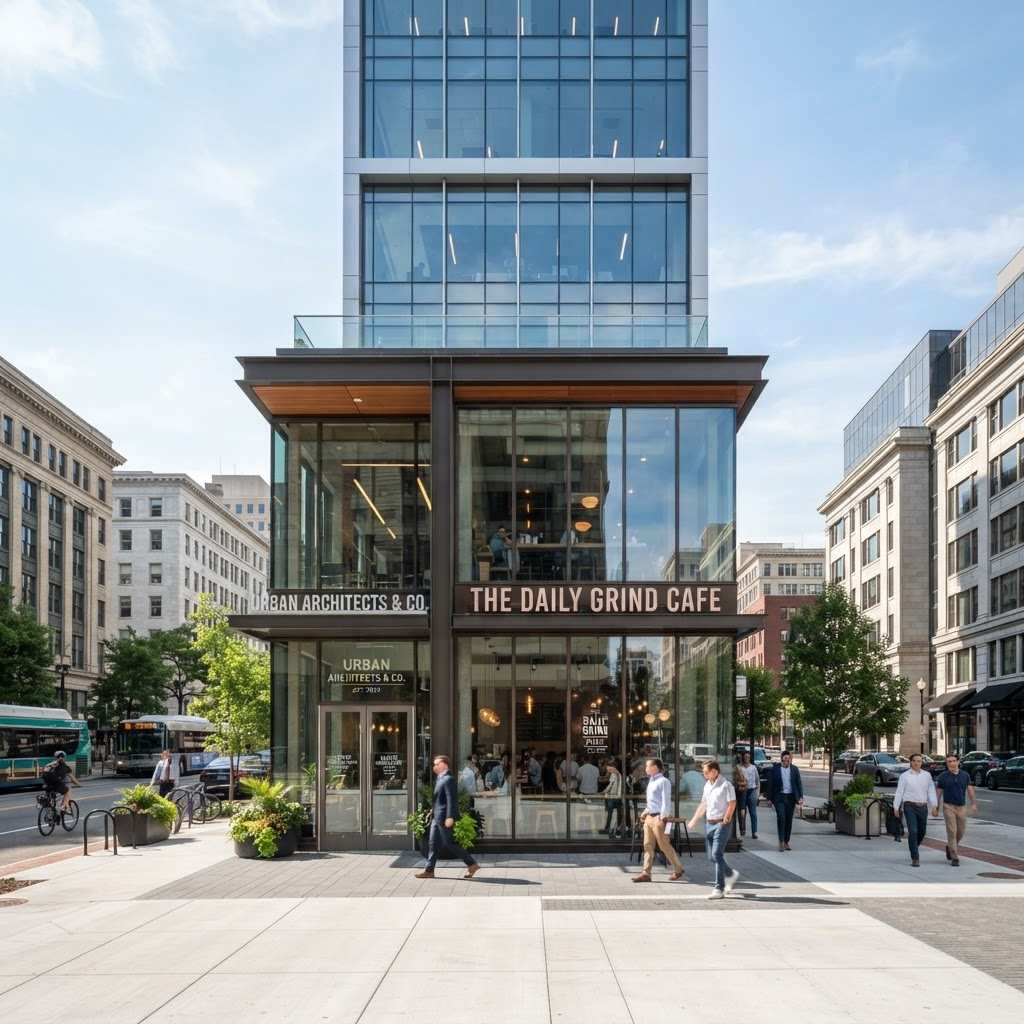 Clean storefront and office building with sparkling glass
