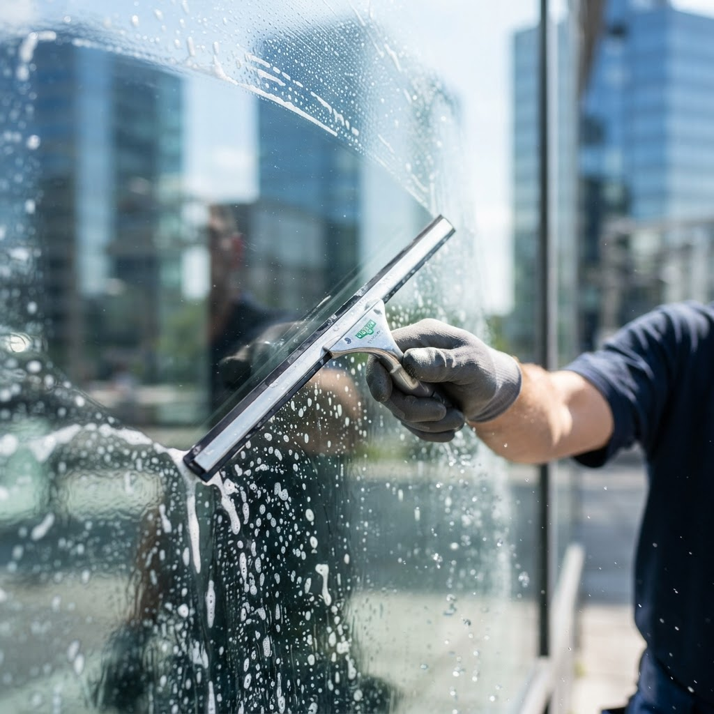 Technician using a squeegee to clean a soapy window streak-free